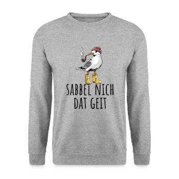 Möwe - Sabbel nich dat geit - Nordsee - Geschenk - Unisex Pullover - Weißgrau meliert - Vorne - Alina (178cm) & Michal (187cm)