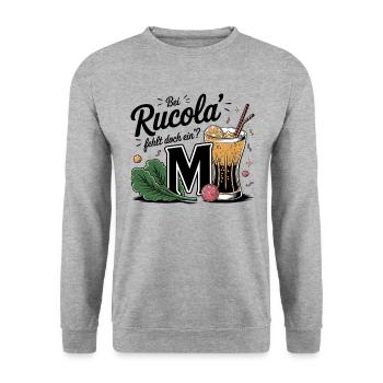 "Rucola vs. Rumcola" - Humor zum Anziehen - Unisex Pullover - Weißgrau meliert - Vorne - Alina (178cm) & Michal (187cm)