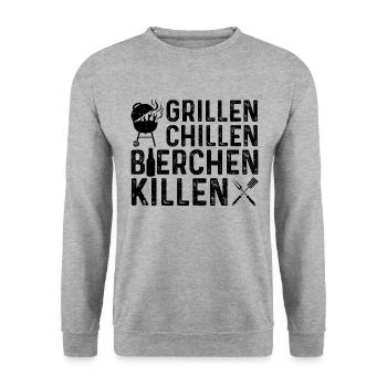 Grillen Chillen Bierchen Killen - Grillen Bier - Unisex Pullover - Weißgrau meliert - Vorne - Alina (178cm) & Michal (187cm)