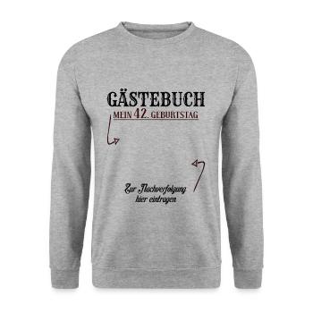 42 Jahre Gästebuch 42. Geburtstag Nachverfolgung - Unisex Pullover - Weißgrau meliert - Vorne - Alina (178cm) & Michal (187cm)