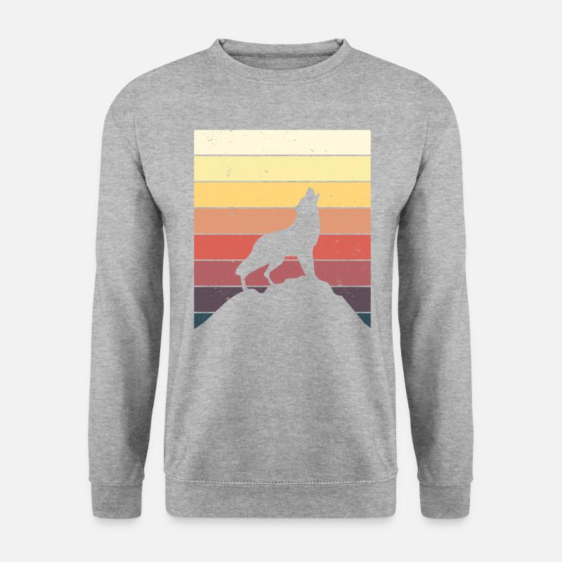 Retro Wolf Wolfshund Heulen Berge Geschenkidee - Unisex Pullover - Weißgrau meliert
