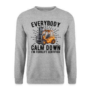 Alle beruhigen sich, ich bin Gabelstapler-zertifiziert - Unisex Pullover - Weißgrau meliert - Vorne - Alina (178cm) & Michal (187cm)