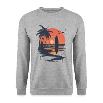 Surfbrett Sonnenuntergang und Palmen - Unisex Pullover - Weißgrau meliert - Vorne - Alina (178cm) & Michal (187cm)