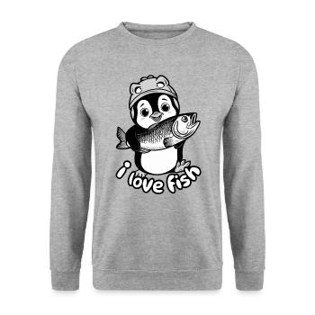 Pingouin avec des poissons - J’adore les poissons - Sweat-shirt Unisexe - gris chiné - Devant - Alina (178cm) & Michal (187cm)