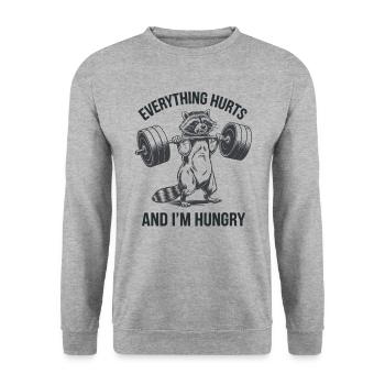 Fitnessstudio Sport Gewichtheben Waschbär Humor - Unisex Pullover - Weißgrau meliert - Vorne - Alina (178cm) & Michal (187cm)
