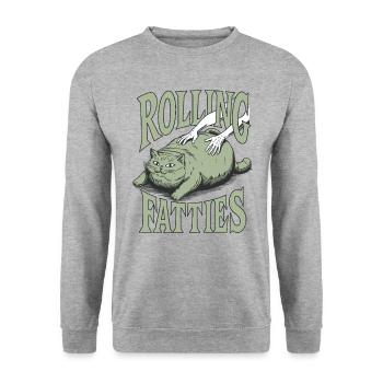Rolling Fatties Katze Humor - Unisex Pullover - Weißgrau meliert - Vorne - Alina (178cm) & Michal (187cm)