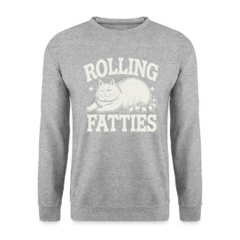 Rolling Fatties Katze Humor - Unisex Pullover - Weißgrau meliert - Vorne - Alina (178cm) & Michal (187cm)