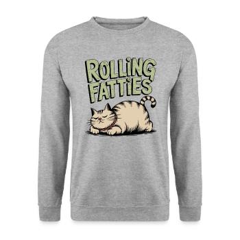 Rolling Fatties Katze Humor - Unisex Pullover - Weißgrau meliert - Vorne - Alina (178cm) & Michal (187cm)