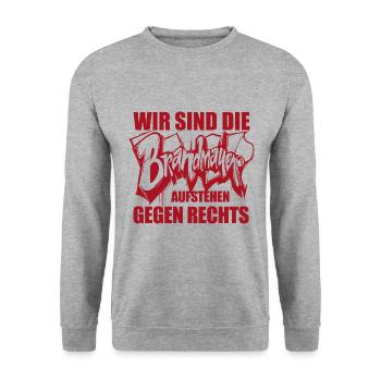 Wir sind die Brandmauer - Aufstehen gegen rechts - Unisex Pullover - Weißgrau meliert - Vorne - Alina (178cm) & Michal (187cm)