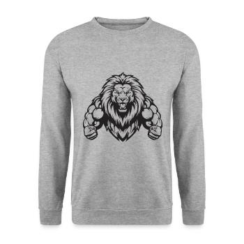 Löwe Bodybuilding Muskeln Workout Gym - Unisex Pullover - Weißgrau meliert - Vorne - Alina (178cm) & Michal (187cm)