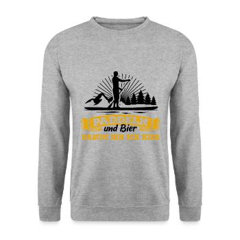 Paddeln & Bier - darum bin ich hier - SUP Spruch - Unisex Pullover - Weißgrau meliert - Vorne - Alina (178cm) & Michal (187cm)