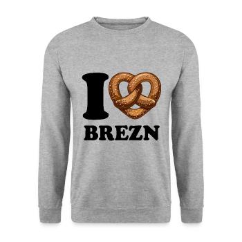 I Love Brezn - Herz - Brezel - Unisex Pullover - Weißgrau meliert - Vorne - Alina (178cm) & Michal (187cm)