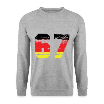 67 Zahl Deutschland Trikot - Unisex Pullover - Weißgrau meliert - Vorne - Alina (178cm) & Michal (187cm)