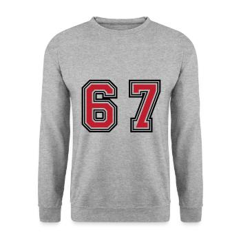 67 Zahl Symbol - Unisex Pullover - Weißgrau meliert - Vorne - Alina (178cm) & Michal (187cm)