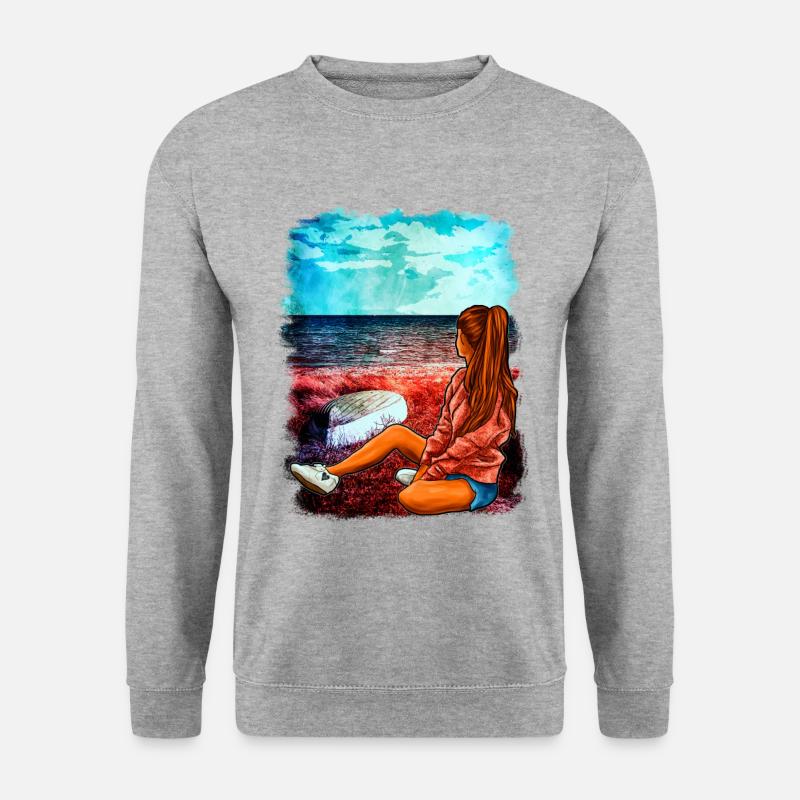 Strand Meer Mädchen Illustration | Yolo- Artwork - Unisex Pullover - Weißgrau meliert