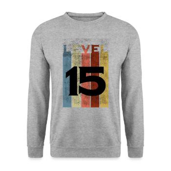 Level 15, Vintage Retro 15. Geburtstag - Unisex Pullover - Weißgrau meliert - Vorne - Alina (178cm) & Michal (187cm)