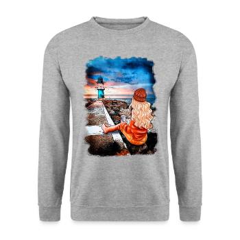 Leuchtturm Warnemünde Illustration Blondine - Unisex Pullover - Weißgrau meliert - Vorne - Alina (178cm) & Michal (187cm)