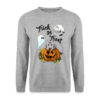 Trick or treat Katze - Unisex Pullover - Weißgrau meliert - Vorne - Alina (178cm) & Michal (187cm)