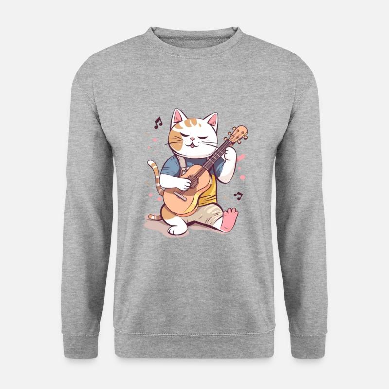Süße Katze mit Gitarre - Unisex Pullover - Weißgrau meliert