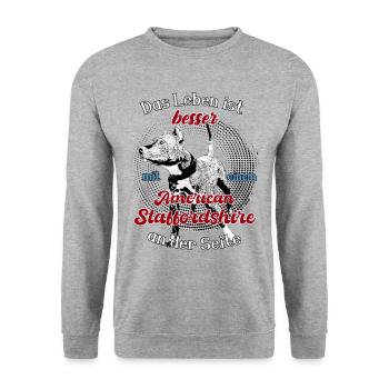 Leben ist besser mit American Staffefordshire - Unisex Pullover - Weißgrau meliert - Vorne - Alina (178cm) & Michal (187cm)