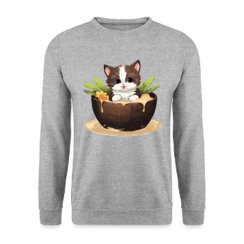 Katze mit Kokosnuss, Süßes Sommerdesign - Unisex Pullover - Weißgrau meliert - Vorne - Alina (178cm) & Michal (187cm)