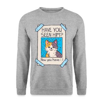 Have you seen him? Witziges Katze Shirt Geburtstag - Unisex Pullover - Weißgrau meliert - Vorne - Alina (178cm) & Michal (187cm)