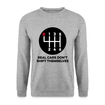 Echte Autos schalten sich nicht von selbst Lustiges Handbuch - Unisex Pullover - Weißgrau meliert - Vorne - Alina (178cm) & Michal (187cm)