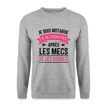 Je suis motarde, Humour cadeau motarde - Sweat-shirt Unisexe - gris chiné - Devant - Alina (178cm) & Michal (187cm)