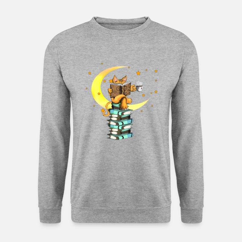 Katzen Kaffee Leseratte Bücher lesen Stubentiger - Unisex Pullover - Weißgrau meliert
