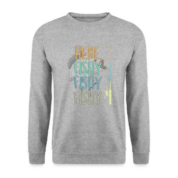 Here Fishy Angler Angelrute Fische Angeln Spruch - Unisex Pullover - Weißgrau meliert - Vorne - Alina (178cm) & Michal (187cm)