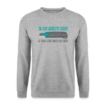 Beruf Drogist Logistiger Cuttermesser Ausbildung - Unisex Pullover - Weißgrau meliert - Vorne - Alina (178cm) & Michal (187cm)