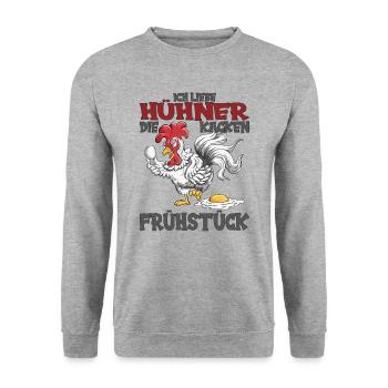 Hühnerei Liebhaber Huhn legt frische Frühstücksei - Unisex Pullover - Weißgrau meliert - Vorne - Alina (178cm) & Michal (187cm)