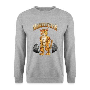 Kater trainiert Gewichtheben Muskelkater Lustig - Unisex Pullover - Weißgrau meliert - Vorne - Alina (178cm) & Michal (187cm)