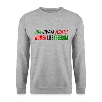Women life freedom jin jiyan azadi - Sweat-shirt Unisexe - gris chiné - Devant - Alina (178cm) & Michal (187cm)