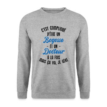Bogosse et Docteur, Humour Cadeau Docteur - Sweat-shirt Unisexe - gris chiné - Devant - Alina (178cm) & Michal (187cm)