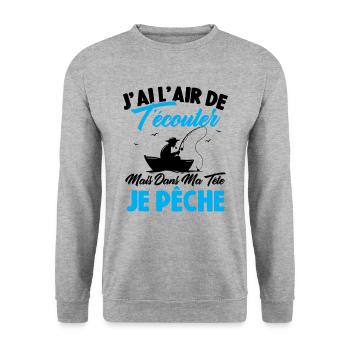 Dans Ma Tête Je Pêche, Cadeau Humour Pêcheur - Sweat-shirt Unisexe - gris chiné - Devant - Alina (178cm) & Michal (187cm)