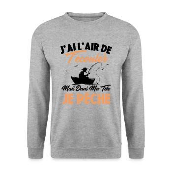 Dans Ma Tête Je Pêche, Cadeau Humour Pêcheur - Sweat-shirt Unisexe - gris chiné - Devant - Alina (178cm) & Michal (187cm)