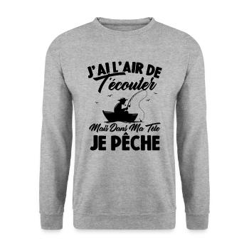 Dans Ma Tête Je Pêche, Cadeau Humour Pêcheur - Sweat-shirt Unisexe - gris chiné - Devant - Alina (178cm) & Michal (187cm)