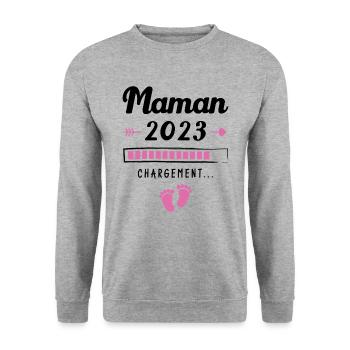 Maman 2023 Chargement, Cadeau future maman - Sweat-shirt Unisexe - gris chiné - Devant - Alina (178cm) & Michal (187cm)