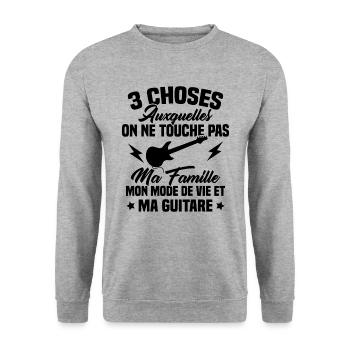 Touche pas ma guitare, Cadeau humour guitariste - Sweat-shirt Unisexe - gris chiné - Devant - Alina (178cm) & Michal (187cm)
