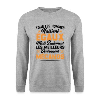 Les Hommes Naissent Egaux - Les Meilleurs Mécanos - Sweat-shirt Unisexe - gris chiné - Devant - Alina (178cm) & Michal (187cm)