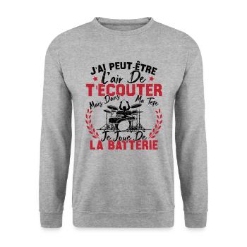 Dans Ma Tête Je Joue De La Batterie Batteur Cadeau - Sweat-shirt Unisexe - gris chiné - Devant - Alina (178cm) & Michal (187cm)