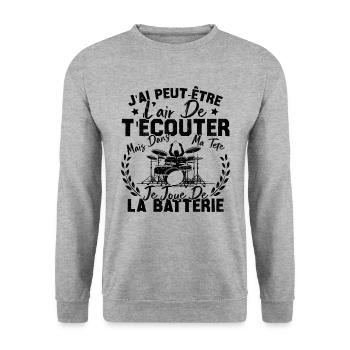 Dans Ma Tête Je Joue De La Batterie Batteur Cadeau - Sweat-shirt Unisexe - gris chiné - Devant - Alina (178cm) & Michal (187cm)