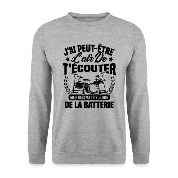 Dans Ma Tête Je Joue De La Batterie Batteur Cadeau - Sweat-shirt Unisexe - gris chiné - Devant - Alina (178cm) & Michal (187cm)