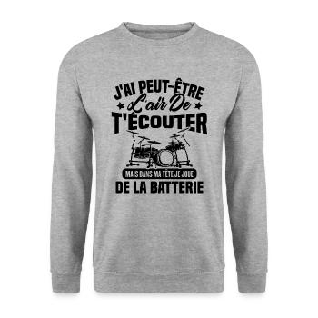 Dans Ma Tête Je Joue De La Batterie Batteur Cadeau - Sweat-shirt Unisexe - gris chiné - Devant - Alina (178cm) & Michal (187cm)