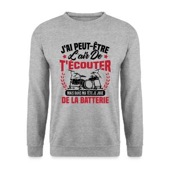 Dans Ma Tête Je Joue De La Batterie Batteur Cadeau - Sweat-shirt Unisexe - gris chiné - Devant - Alina (178cm) & Michal (187cm)