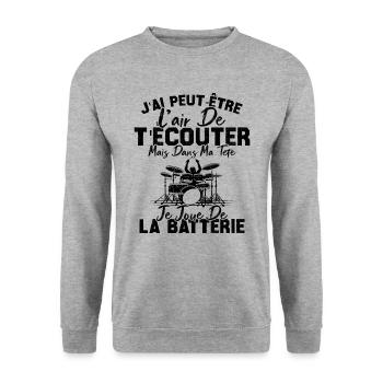 Dans Ma Tête Je Joue De La Batterie Batteur Cadeau - Sweat-shirt Unisexe - gris chiné - Devant - Alina (178cm) & Michal (187cm)