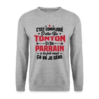 C'est compliqué d'être un tonton et un parrain - Sweat-shirt Unisexe - gris chiné - Devant - Alina (178cm) & Michal (187cm)