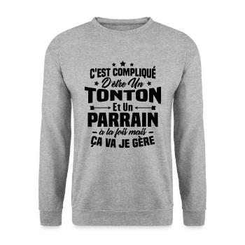 C'est compliqué d'être un tonton et un parrain - Sweat-shirt Unisexe - gris chiné - Devant - Alina (178cm) & Michal (187cm)