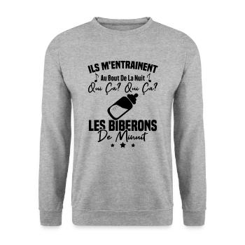 Qui ça qui ça Les biberons de minuit Humour Cadeau - Sweat-shirt Unisexe - gris chiné - Devant - Alina (178cm) & Michal (187cm)